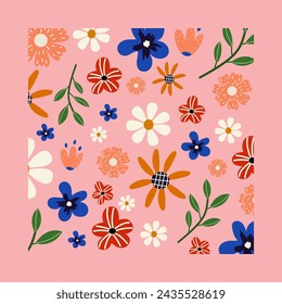 Cute floral background. Vector spring, summer illustration. Different flowers in hand drawn style on pink background. 