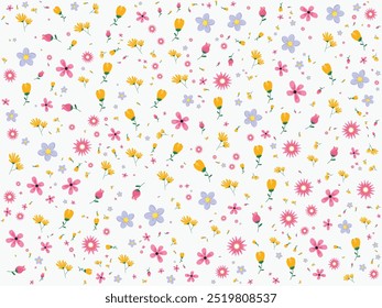 Vetor de fundo floral bonito, impressão de flor margarida branca, papel de parede com rabiscos aleatórios, padrão de repetição sem costura.