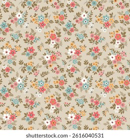 Cute floral background. Vintage spring floral pattern with small white, blue, red, yellow flowers on beige background. Seamless pattern for design and fashion prints. Ditsy style. Stock vector print