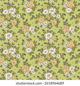 Cute floral background. Vintage spring Floral pattern with small pastel flowers on yellow green background. Seamless pattern for design and fashion prints. Ditsy style. Stock vector illustration.