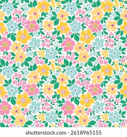 Cute floral background. Vintage spring floral pattern with small yellow, blue, pink pastel flowers on white background. Seamless pattern for design and fashion prints. Ditsy style. Stock vector print