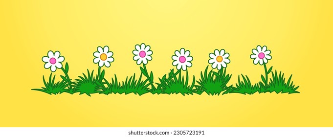 Cute floral banner with different bright camomile flowers. Rich flowery meadow. Groovy cartoons design elements for decoration. Vector graphics