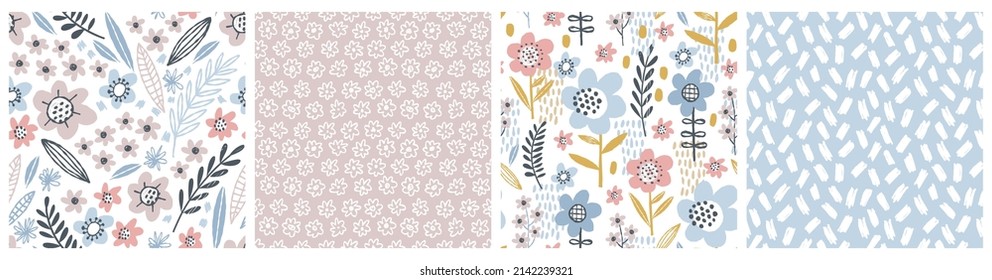 Cute floral and basic pattern collection. Vector backgrounds with flowers and abstract shapes. Trendy retro textures for fabric, textile, wallpaper, decor