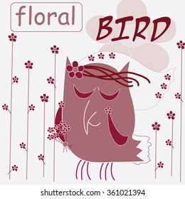 cute floral bird with flowers vector illustration