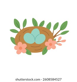 Cute floral bird nest with pastel blue eggs and spring leaves. Easter season vector clipart.