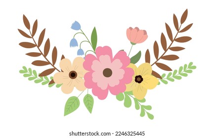 Cute floral bouquet with colorful flowers and leaves clipart. Vector illustration. Isolated on white background. Design for banner, invitation card, and print.