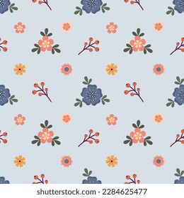 Cute floral bouquet vector pattern with small flowers and leaves. Seamless background vector illustration