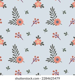 Cute floral bouquet vector pattern with small flowers and leaves. Seamless background vector illustration