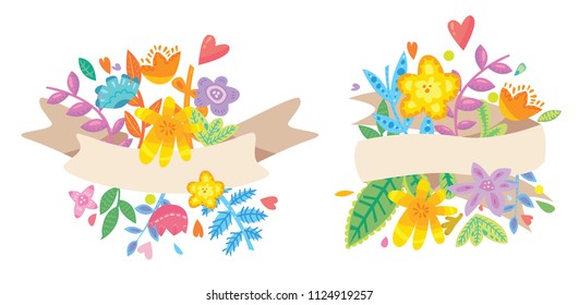 Cute floral bouquets with ribbon, vintage floral set. Save the date print design design collection.