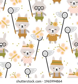 Cute floral bunnies characters seamless repeat pattern with butterflies. Boho neutral kids design for clothes, nursery decor, paper, cover, fabrics and more