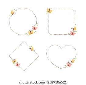 Cute Floral Butterfly Frame Set. Spring Summer Border Vector Illustration.