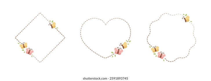 Cute Floral Butterfly Frame Set. Spring Summer Border Vector Illustration.