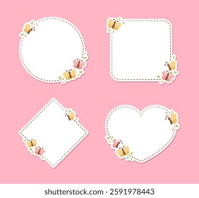Cute Floral Butterfly Frame Set. Spring Summer Border Vector Illustration.