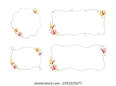 Cute Floral Butterfly Frame Set. Spring Summer Border Vector Illustration.