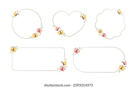 Cute Floral Butterfly Frame Set. Spring Summer Border Vector Illustration.