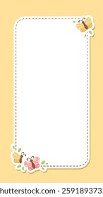 Cute Floral Butterfly Frame. Spring Summer Vertical Border Vector Illustration.