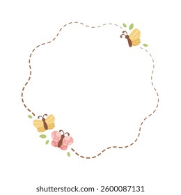 Cute Floral Butterfly Frame. Spring Summer Border Vector Illustration.