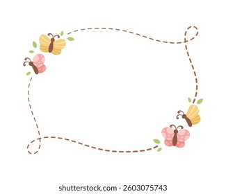 Cute Floral Butterfly Frame. Spring Summer Border Vector Illustration.