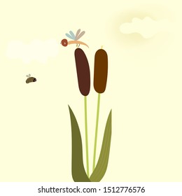 Cute floral card design with reeds  with a dragonfly and bee. Vector illustration with flowers in hand-drawn style.

