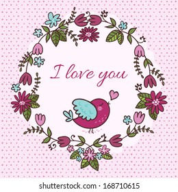 Cute floral card with love. Vector banner with flowers, lovely valentines. Floral wreath wedding invitation in bright colors with bird. Stylish save the date card.