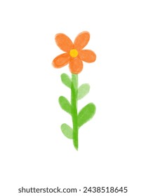 Cute Floral Card with Red Tall Flower. Hand Drawn Vector Illustration with Infantile Style Flower. Childish Drawing-like Print with Single Flower Perfect for Card, Wall Art. Kids' Room Decoration.RGB.