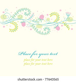 Cute floral card with ripe raspberry. Vector illustration