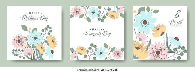 Cute Floral Card Set for Womens Day March 8, Birthday, Mothers Day, Weddings, Sale, Invitation. Hello Spring Summer Card or Poster Set with Нand Drawn Flowers. Cute Template for Spring Summer Holiday.