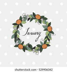 Cute floral card template "January". Perfect for invitation, scrap-booking, web, card, blog, sale, calendar cover, notes and many other. Vector illustration