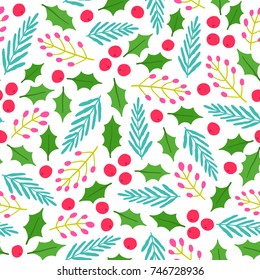 Cute floral Christmas background. Vector hand drawn seamless pattern.