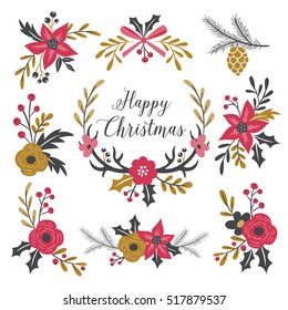 Cute floral Christmas bouquets. Vector illustration isolated on white background. Easily editing for create your own flower arrangements.