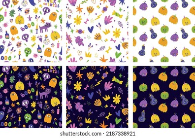 Cute floral, colorful set of patterns with flowers, Halloween elements, and trendy colors. Collection of seamless vector patterns with skull, witch, and pumpkin.