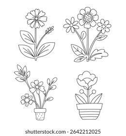 Cute floral coloring page with flower pots and bunches. Hand-drawn vector outlines for kids and craft projects.