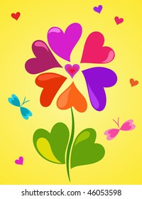 Cute floral composition of colorful hearts on yellow background