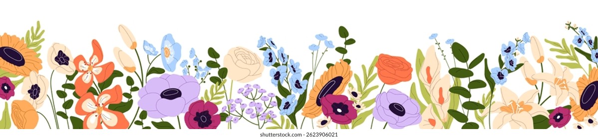 Cute floral composition on banner. Border of different wildflowers with leaves. Spring flowers, bloom meadow plants, blossom flora of garden. Flat isolated vector illustration on white background