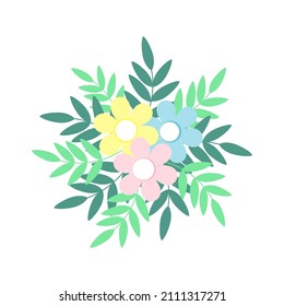 Composición floral con flores amarillas, rosadas, azules simples y hojas verdes, sobre fondo blanco.Ilustración natural vectorial.Para bodas,invitaciones de cumpleaños, postales, saludos, pegatinas, afiches.

