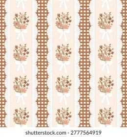 Cute floral cottagecore seamless pattern with lace border, bows, small flower bouquet, checkered stripe. Vector quilt print, textile design, repeat background, rustic wallpaper, autumn plaid, blanket