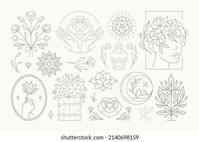 Cute floral decorative blossom elements collection line art logo vector illustration. Romantic flower wild natural plant design for gardening market shop greeting wedding card invitation wellness spa