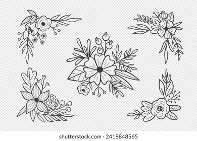 Cute floral decorative cliparts. Hand drawn botanical vector illustration. For greeting cards, wedding invitations, label design... Black and white corners and bouquets.