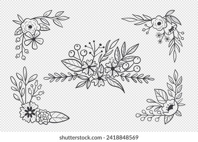 Cute floral decorative cliparts. Hand drawn botanical vector illustration. For greeting cards, wedding invitations, label design... Black and white corners and bouquets.