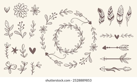 Conjunto decorativo floral lindo aislado en blanco. Create sus propias composiciones combinando los elementos aislados. Flechas, plumas, coronas, ramitas y flores. Ilustración vectorial dibujada a mano.