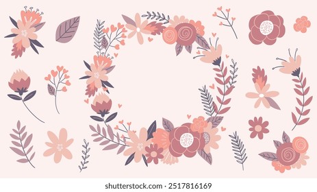 Cute floral decorative wreath, and isolated items so you can make your own floral composition. Hand-drawn items isolated on white background. Vector illustration.