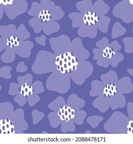 Cute floral delicate print in fashionable lilac color shades. Vector seamless pattern. Large simple flowers with white cores, flying petals. Simple minimalistic style