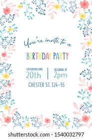 Cute Floral Design In Pastel Colors For Invitation To Birthday Party Vector Illustration