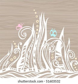 Cute floral doodle elements with butterflies on a wooden back lit