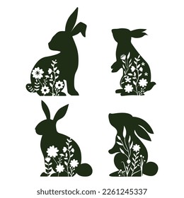 Cute Floral Easter bunny rabbit Silhouette. Design Files for Cricut and Laser Cut