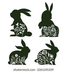 Cute Floral Easter bunny rabbit Silhouette. Design Files for Cricut and Laser Cut