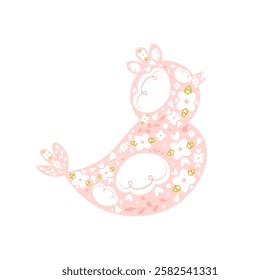 Cute floral Easter chick isolated on white background. Folk style Easter baby chicken or bird with flowers in silhouette. Vector illustration