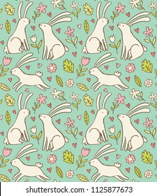 Cute floral easter pattern with rabbits. Doodle vector seamless background with bunnies, flowers and leaves.