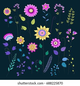 Cute floral elements collection. Colorful Cartoon, Isolated Wild Flowers. Hand drawing flowers, stylized vector illustration. For textile, greeting cards, wedding invitation, wrapping and printing