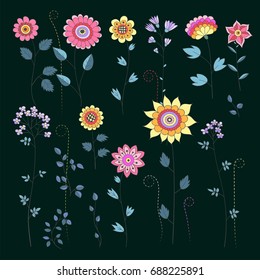 Cute floral elements collection. Colorful Cartoon, Isolated Wild Flowers. Hand drawing flowers, stylized vector illustration. For textile, greeting cards, wedding invitation, wrapping and printing